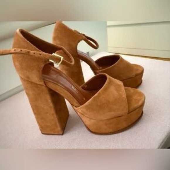 Zara Chunky Tan Brown Suede Open Toe 60’s 70’s Vibes Platform Strappy Sandals - Picture 4 of 8